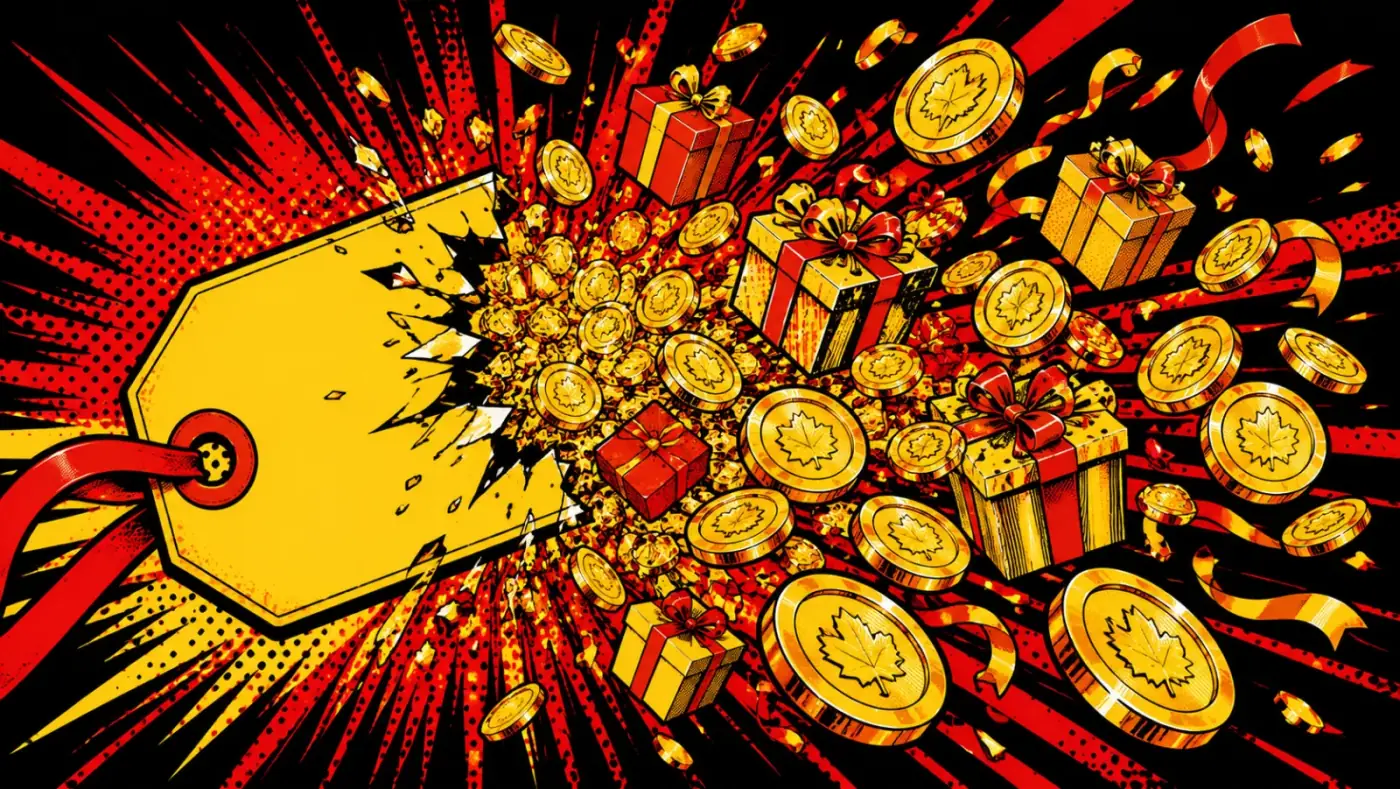First-purchase $9.99 bonus offer with gold coins and gift boxes exploding in pop-art comic style