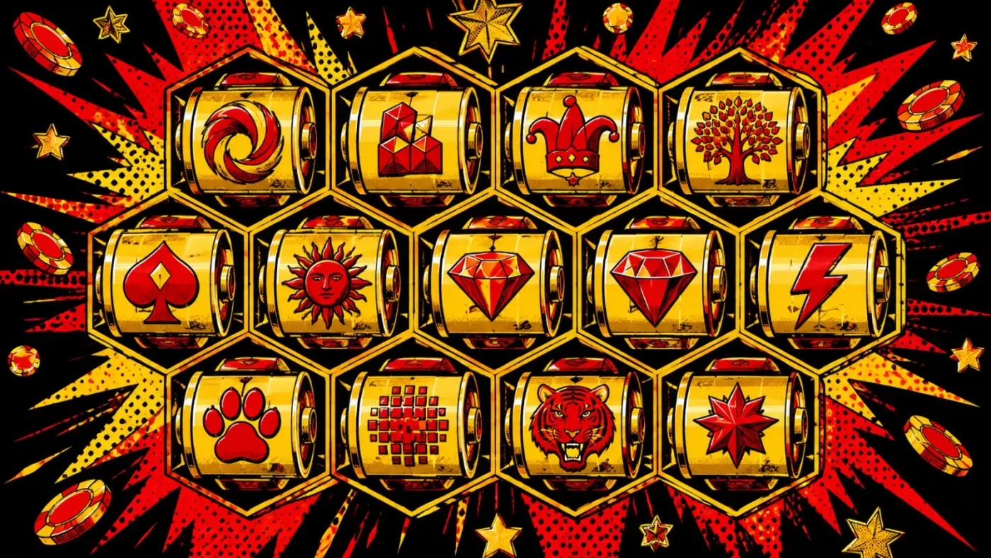 Casino game studio logos and slot reels in pop-art comic style
