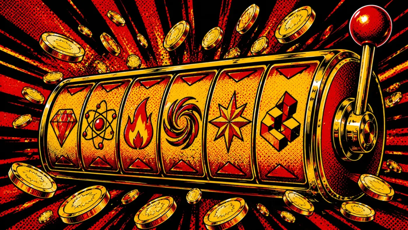 Colossal slot machine reel with six studio icons in pop-art comic style