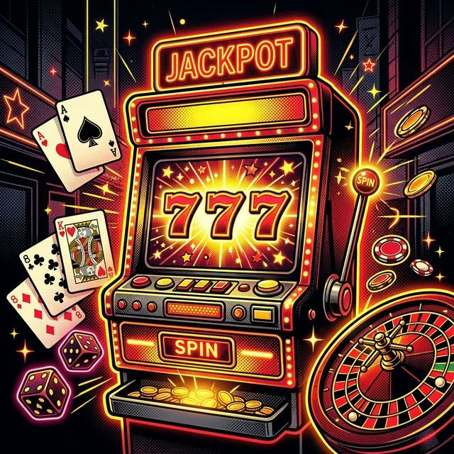 Casino slot machine jackpot 777 and casino games in pop-art style