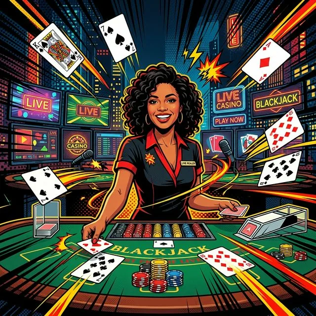 Live casino dealer at blackjack table in pop-art comic style
