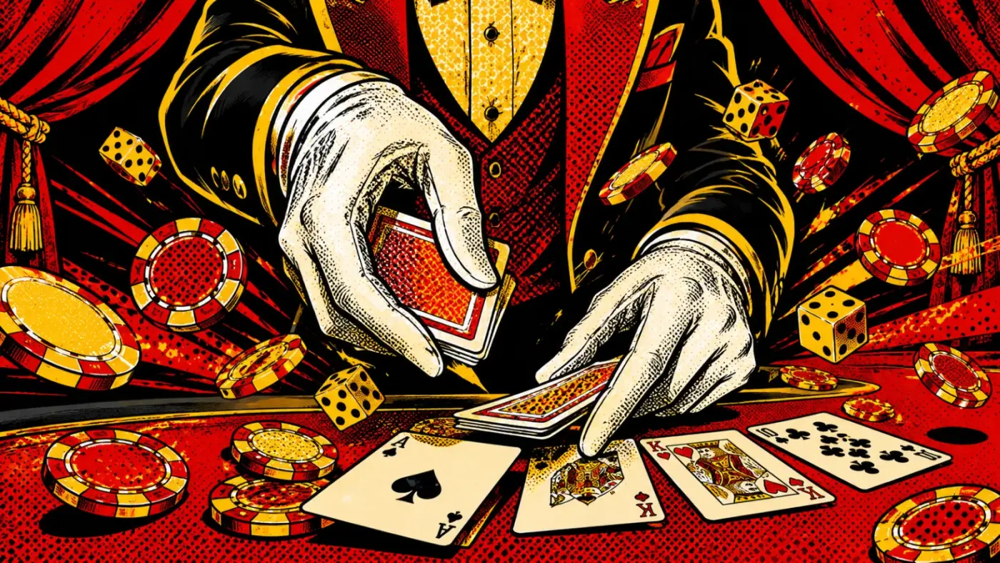 Live blackjack table with croupier hands, red velvet curtains, dice, and chips scattering in pop-art style