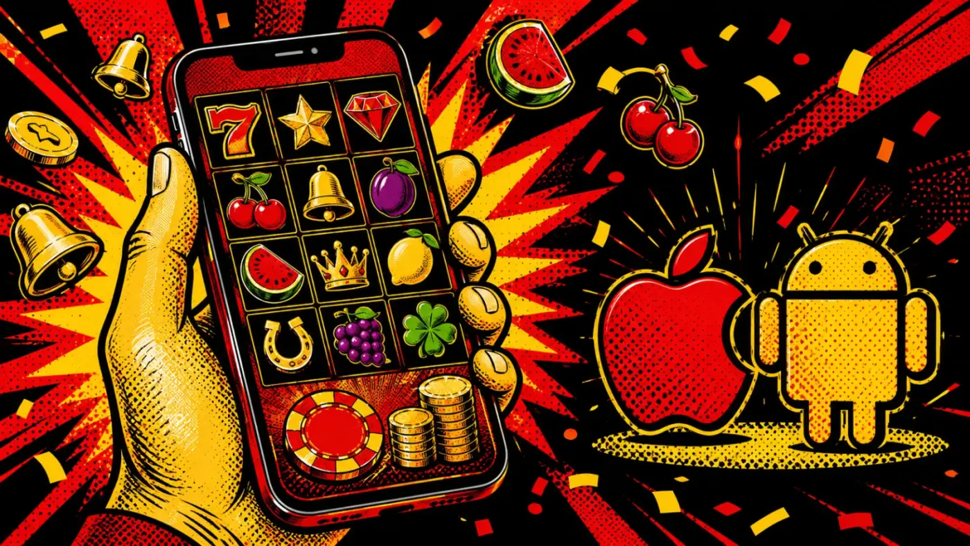 Hello Millions casino app running on smartphone with iOS and Android silhouettes in pop-art style