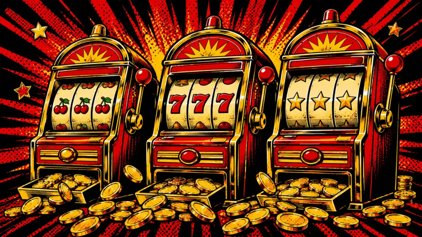 Three vintage slot machines with cherries and sevens spinning in pop-art comic style