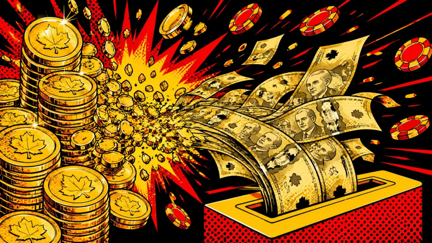 Sweeps Coins redemption pop-art illustration — cash flowing from casino to Canadian bank