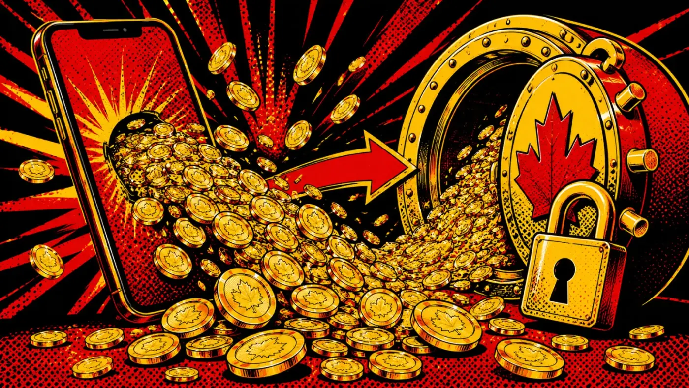 Trustly payout flow into Canadian bank account with maple leaf and secure padlock pop-art illustration